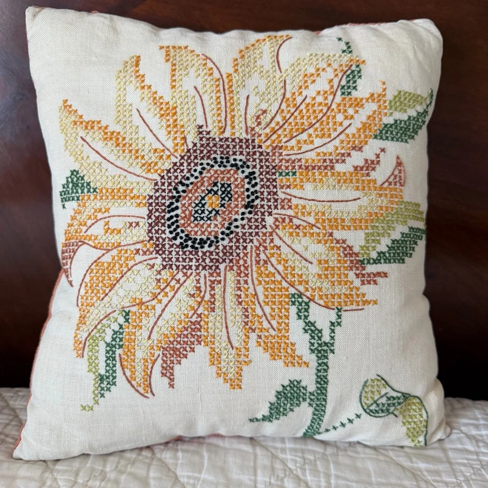 Vintage Hand Embroidered Sunflower Pillow 12” x 12” Cross Stitch Floral Linen